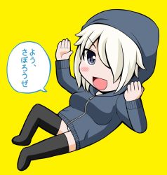 Rule 34 | 1girl, blonde hair, chibi, commentary request, elbow rest, eyebrows, grey eyes, hair over one eye, hand on own cheek, hand on own face, hand up, hood, hood up, hoodie, looking at viewer, lying, on side, open mouth, original, panties, pantyshot, smile, solo, standing, thighhighs, translated, underwear, yano toshinori, yellow background