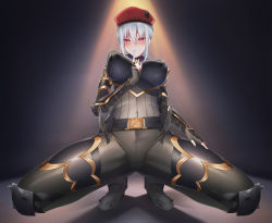 Rule 34 | 1girl, absurdres, alternate costume, belt, belt buckle, beret, blush, breasts, buckle, finger to mouth, fingerless gloves, gloves, hair between eyes, hat, highres, large breasts, looking at viewer, r oot, red eyes, revealing clothes, selvaria bles, senjou no valkyria, senjou no valkyria (series), senjou no valkyria 1, shushing, solo, spotlight, spread legs, squatting, tight clothes, white hair