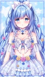 1girl :o bare_shoulders blue_background blue_eyes blue_flower blue_hair blue_rose blue_skirt blush bow breasts cleavage commentary_request copyright_request earrings flower frilled_skirt frills hair_between_eyes hair_bow hair_flower hair_ornament high_ponytail highres jewelry kouta. long_hair looking_at_viewer medium_breasts navel parted_lips pink_flower pink_rose pointy_ears ponytail rose see-through skirt solo star_(symbol) starry_background very_long_hair white_bow yellow_flower yellow_rose