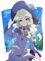 Rule 34 | 1girl, blonde hair, blue eyes, diana cavendish, hat, komoreg, little witch academia, long hair, looking at viewer, luna nova school uniform, multicolored hair, school uniform, solo, two-tone hair, white hair, witch, witch hat