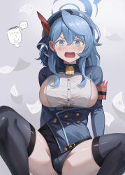 Rule 34 | 1boy, 1girl, ako (blue archive), armband, doodle sensei (blue archive), bell, black thighhighs, blue archive, blue eyes, blue hair, blue hairband, blue halo, blush, breasts, buttons, feet out of frame, hair between eyes, hairband, halo, highres, jiang shennong, large breasts, long hair, long sleeves, neck bell, open mouth, red armband, sensei (blue archive), sideboob, thighhighs