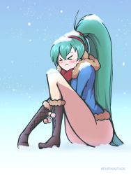 Rule 34 | bare legs, boots, bottomless, coat, cold, earmuffs, fire emblem, green hair, intelligent systems, lyn (fire emblem), nintendo, phiphi-au-thon, ponytail, scarf, snow, snowflakes, snowing, snowstorm, solo, thighs, winter clothes, winter coat