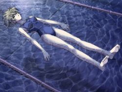 Rule 34 | 1girl, afloat, barefoot, carnelian, competition swimsuit, dutch angle, feet, from above, game cg, grey hair, lane line, legs, lying, moonlight, night, on back, one-piece swimsuit, ono ikumi, open mouth, partially submerged, pool, re leaf, school swimsuit, shadow, short hair, soles, solo, swimsuit, toes, water, wet