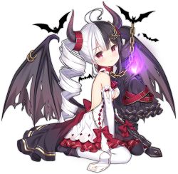 Rule 34 | 1girl, ahoge, ark order, ascot, bare shoulders, bat (animal), black dress, black footwear, black hair, black legwear, boots, bow, breasts, chain, closed mouth, collar, demon wings, detached sleeves, dress, drill hair, elbow gloves, expressionless, fire, frilled sleeves, frills, from side, full body, gloves, hair belt, hair ornament, hairclip, hela (ark order), horns, ikataruto, looking at viewer, medium breasts, multicolored hair, official art, red ascot, red bow, red collar, red eyes, single glove, single sleeve, sitting, sleeves past fingers, sleeves past wrists, solo, split-color hair, tachi-e, torn wings, transparent background, twin drills, two-tone hair, wariza, white dress, white gloves, white hair, white legwear, wings