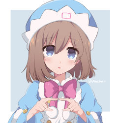 Rule 34 | 1girl, blue coat, blue eyes, blue headwear, blush, bow, bowtie, brown hair, coat, fur-trimmed coat, fur trim, hair between eyes, hands up, haruna (citrus love i), highres, index fingers together, looking at viewer, medium hair, neptune (series), parted lips, pink bow, pink bowtie, pom pom (clothes), rom (neptunia), solo, upper body