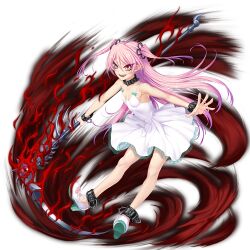 Rule 34 | 1girl, action taimanin, aura, bare legs, blood, breasts, demon girl, dress, felicia (taimanin kurenai), female focus, full body, highres, holding, holding scythe, holding weapon, jumping, lilith-soft, long hair, looking at viewer, official art, open mouth, pink hair, pointy ears, red eyes, scythe, small breasts, smile, solo, taimanin (series), taimanin kurenai, taimanin rpgx, twintails, very long hair, weapon, white dress, zol