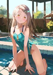 Rule 34 | 1girl, arm support, bare shoulders, barefoot, blue sky, blurry, blurry background, blush, bow, bow swimsuit, breasts, bush, cleavage, closed mouth, collarbone, day, dot nose, earrings, flat chest, flipped hair, gakuen idolmaster, glint, green one-piece swimsuit, hair ornament, hairclip, highres, idolmaster, jewelry, kneeling, leaning forward, light brown hair, long hair, looking at viewer, minertime, one-piece swimsuit, orange bow, orange eyes, outdoors, shinosawa hiro, sky, smile, solo, swimsuit, tree, water