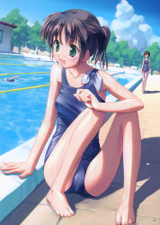 Rule 34 | 3girls, :d, absurdres, barefoot, chain-link fence, cloud, collarbone, day, dutch angle, feet, fence, foreshortening, green eyes, highres, lane line, multiple girls, object in clothes, object in swimsuit, one-piece swimsuit, open mouth, outdoors, pool, pool ladder, poolside, school swimsuit, sitting, sky, smile, solo focus, swim cap, swimming, swimsuit, takoyaki (roast), tree, water, wet
