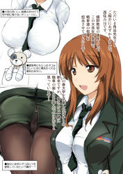 Rule 34 | 10s, 1girl, alternate hair length, alternate hairstyle, bandaged arm, bandages, between breasts, boko (girls und panzer), breasts, brown eyes, brown hair, commentary request, eyebrows, girls und panzer, highres, kimura shuuichi, large breasts, long hair, military, military uniform, miniskirt, multiple views, neckerchief, nishizumi miho, aged up, open mouth, pantyhose, skirt, stuffed toy, thighhighs, translation request, uniform