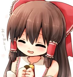 Rule 34 | 1girl, ascot, bare shoulders, blush, bow, brown hair, closed eyes, coin, detached sleeves, female focus, hair bow, hair tubes, hakurei reimu, highres, holding, japanese clothes, long hair, miko, open mouth, sawatari (sado), simple background, smile, solo, touhou, translated, white background