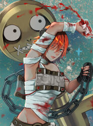 Rule 34 | a.b.a, absurdres, bandages, blood, blood on clothes, blue eyes, chain, guilty gear, guilty gear xx, highres, homunculus, key, key in head, looking at viewer, object through head, orange hair, paracelsus (guilty gear), short hair, stitched mouth, stitches