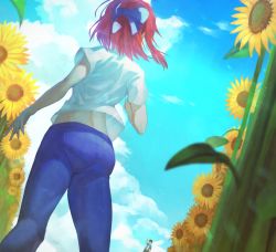 Rule 34 | 1boy, 1girl, ass, blue bow, blue pants, bow, cloud, commentary request, day, denim, dutch angle, feet out of frame, field, flower, flower field, from behind, from below, hair bow, kohaku (tsukihime), outdoors, pants, red hair, shirt, short hair, short sleeves, sky, solo focus, standing, sunflower, sunflower field, t-shirt, tohno shiki, tsukihime, vosem, white shirt, wind