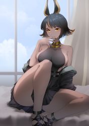 Rule 34 | 1girl, animal ears, bare shoulders, black dress, black hair, black jacket, blue sky, breasts, brown nails, clothes pull, covered collarbone, dark-skinned female, dark skin, dress, foot out of frame, girls&#039; frontline, girls&#039; frontline neural cloud, imhotep (neural cloud), jacket, jacket pull, light blush, looking at viewer, medium breasts, mole, mole under eye, multicolored hair, nail polish, open mouth, orange eyes, short hair, simple background, sitting, sky, solo, streaked hair, thatob, thighs, window