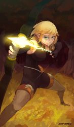 Rule 34 | 1girl, aiming, arrow (projectile), black gloves, blonde hair, boots, bow (weapon), breasts, cra (wakfu), drawing bow, elbow gloves, evangelyne (wakfu), fighting stance, fingerless gloves, freckles, full body, gloves, glowing, green eyes, holding, holding bow (weapon), holding weapon, large breasts, nose, ohnarev, pointy ears, short hair, solo, thigh boots, thighhighs, unitard, wakfu, weapon