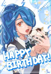 Rule 34 | 1boy, ball, black vest, blue hair, brown eyes, cupcake, food, gami ww, hair over one eye, happy birthday, highres, holding, holding food, imminent bite, inazuma eleven (series), kazemaru ichirouta, long sleeves, male focus, open mouth, ponytail, ribbon, shirt, signature, soccer ball, solo, vest, white shirt