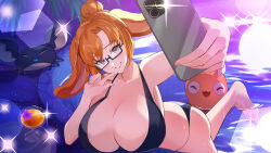 1girl adora_bunny animal animal_ears artist_request blue_background blush breasts cellphone closed_eyes crab cup drinking_glass feet freckles glass gradient_background grey_eyes huge_breasts indie_virtual_youtuber octopus open_mouth orange_hair phone purple_background selfie smile solo star_(sky) swimsuit teeth virtual_youtuber water wet wine_glass