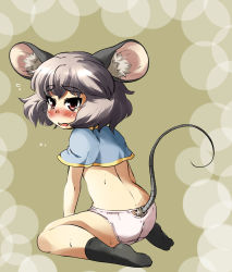 Rule 34 | 1girl, animal ears, bare back, black legwear, blush, crying, female focus, from behind, grey hair, highres, mepikari, mouse ears, mouse tail, nazrin, open mouth, panties, red eyes, short hair, sitting, solo, tail, tears, touhou, underwear, wariza, white panties