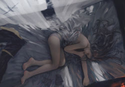 Rule 34 | 1girl, bare legs, barefoot, black hair, blanket, closed eyes, finger in own mouth, from above, full body, ghostblade, highres, long hair, lying, on bed, on side, original, panties, pointy ears, sleeping, solo, thumb sucking, topless, underwear, wlop