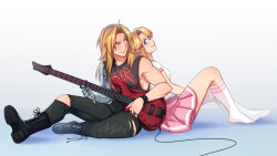 Rule 34 | 1boy, 1girl, aiphelix, alternate costume, bare shoulders, black pants, blonde hair, blue eyes, blush, edward elric, electric guitar, fullmetal alchemist, guitar, happy, highres, holding, holding instrument, instrument, jewelry, long hair, looking at another, looking at viewer, mechanical arms, multiple rings, music, pants, pink skirt, playing instrument, pleated skirt, print shirt, prosthesis, ring, shirt, short sleeves, simple background, single mechanical arm, sitting, skirt, smile, socks, t-shirt, torn clothes, torn pants, white shirt, white socks, winry rockbell, yellow eyes
