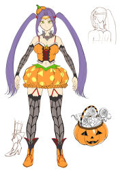 Rule 34 | 1girl, :&lt;, alternate costume, alternate hairstyle, bare shoulders, breasts, candy, character sheet, curvy, eyelashes, food, full body, green eyes, halloween costume, highres, large breasts, lilith-soft, lollipop, long hair, looking to the side, multiple views, navel, official alternate costume, official art, pumpkin costume, skirt, solo, taimanin (series), taimanin rpgx, twintails, very long hair, yubashiri hayate, zol