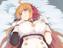 Rule 34 | 1girl, ahoge, bed sheet, blue eyes, blush, breasts, cleavage, closed mouth, commentary request, gloves, ka-9, large breasts, long hair, looking at viewer, lying, on back, orange hair, pecorine (princess connect!), princess connect!, smile, solo, split mouth, tiara, tiara removed, white gloves