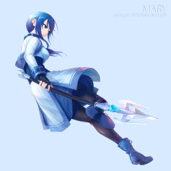 Rule 34 | 10s, 1girl, blue background, blue eyes, blue hair, curry bowl, fingerless gloves, gloves, hai to gensou no grimgar, highres, long hair, mace, matching hair/eyes, merry (grimgar), pantyhose, running, simple background, solo, weapon