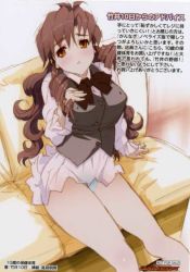Rule 34 | 10 saikaranohotai, 1girl, blue panties, blush, bow, bowtie, breasts, brown eyes, brown hair, brown neckwear, clothes lift, couch, drill hair, grey vest, hand on own chest, large breasts, long hair, long sleeves, looking at viewer, miniskirt, panties, parted lips, shirt, sitting, skirt, skirt lift, takami akio, twin drills, underwear, vest, white panties, white shirt, white skirt