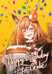 Rule 34 | 1girl, :d, ^ ^, absurdres, animal ears, arknights, black jacket, blush, brown hair, cake, ceobe (arknights), character name, closed eyes, commentary request, confetti, diestren, dog ears, eyebrows hidden by hair, facing viewer, fang, food, food on face, hair between eyes, happy birthday, hat, highres, holding, holding tray, jacket, long hair, long sleeves, open mouth, party hat, puffy long sleeves, puffy sleeves, simple background, smile, solo, tilted headwear, tray, upper body, very long hair, yellow background