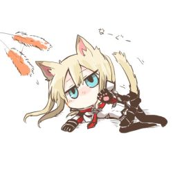 Rule 34 | 10s, 1girl, animal ears, animal hands, black gloves, black pantyhose, blonde hair, blue eyes, cat ears, cat paws, cat tail, cat teaser, chibi, commentary request, gloves, graf zeppelin (kancolle), kantai collection, kemonomimi mode, lowres, lying, miniskirt, no headwear, no mouth, no nose, on side, pantyhose, rebecca (keinelove), sketch, skirt, solo, tail