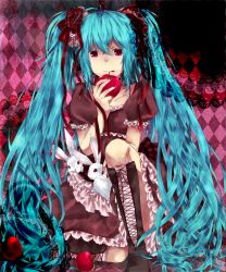 Rule 34 | 1girl, apple, aqua hair, bad id, bad pixiv id, boots, rabbit, checkered background, cross-laced footwear, dress, food, fruit, hair ribbon, hatsune miku, holding, holding food, holding fruit, knee boots, lace-up boots, long hair, naru (andante), red eyes, ribbon, sitting, solo, twintails, very long hair, vocaloid