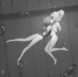 Rule 34 | 2girls, bare legs, barefoot, bikini, bikini bottom only, blush, breasts, closed eyes, competition swimsuit, creatures (company), diving, from side, full body, game freak, greyscale, highres, hug, kiss, lana (pokemon), lillie (pokemon), long hair, looking at another, monochrome, multiple girls, nintendo, one-piece swimsuit, pokemon, pokemon sm, ponytail, profile, rou (rou22), short hair, sideboob, small breasts, swimsuit, topless, underwater, yuri