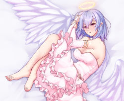 Rule 34 | 1girl, absurdres, alternate wings, angel, angel wings, bare shoulders, barefoot, blue hair, breasts, bridal gauntlets, cleavage, commentary request, dress, elbow gloves, feet, frilled dress, frills, gloves, halo, highres, large breasts, nail polish, aged up, pink dress, pink gloves, pointy ears, red eyes, remilia scarlet, sleeveless, sleeveless dress, solo, strapless, strapless dress, toes, touhou, wings, zellam