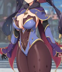 Rule 34 | 1girl, black hair, bodystocking, breasts, cape, cleavage, dekapaiyukari, genshin impact, hat, highres, kloah, large breasts, medium breasts, mona (genshin impact), out of frame, outdoors, solo, thick thighs, thighs, twintails, witch hat