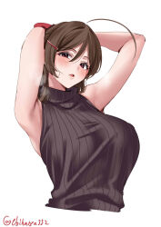 Rule 34 | 1girl, ahoge, alternate costume, armpits, arms behind head, arms up, blush, breasts, brown hair, cropped torso, ebifurya, hair between eyes, hair ornament, hair ribbon, hairclip, heavy breathing, highres, kantai collection, large breasts, long hair, looking at viewer, mamiya (kancolle), one-hour drawing challenge, parted lips, purple eyes, ribbon, sidelocks, simple background, sleeveless, sleeveless turtleneck, solo, turtleneck, twitter username, upper body, white background
