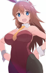 Rule 34 | 1girl, :d, animal ears, bad id, bad pixiv id, bare arms, bare shoulders, black pantyhose, blue eyes, blush, breasts, brown hair, charlotte e. yeager, cleavage, cowboy shot, detached collar, fake animal ears, hair between eyes, hands on own hips, huge breasts, leotard, long hair, looking at viewer, maccyon, md5 mismatch, necktie, open mouth, pantyhose, playboy bunny, rabbit ears, red leotard, simple background, smile, solo, standing, strapless, strapless leotard, strike witches, white background, world witches series, wrist cuffs, yellow necktie