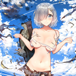 Rule 34 | 1girl, blue eyes, blue sky, blush, breasts, cleavage, cloud, collarbone, day, hair ornament, hair over one eye, hairclip, hamakaze (kancolle), highres, kantai collection, large breasts, looking at viewer, marie mushroom, midriff, navel, outdoors, pantyhose, shiny skin, shirt, short hair, silver hair, skirt, sky, solo, standing, stomach, torn clothes, torn pantyhose, torn shirt, torn skirt, upper body, wardrobe malfunction, water