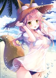 Rule 34 | 1girl, absurdres, animal ear fluff, animal ears, beach, bikini, blue bikini, blue sky, blush, bracelet, breasts, cleavage, cloud, cloudy sky, collarbone, day, ears through headwear, fate/extra, fate/grand order, fate (series), fox ears, fox tail, hat, highres, jewelry, large breasts, long hair, looking at viewer, navel, ocean, open mouth, outdoors, palm leaf, palm tree, pink hair, scan, see-through, shirt, side-tie bikini bottom, sky, smile, solo, sousouman, standing, straw hat, sun hat, swimsuit, t-shirt, tail, tamamo (fate), tamamo no mae (fate/extra), tamamo no mae (swimsuit lancer) (fate), tamamo no mae (swimsuit lancer) (second ascension) (fate), tree, water, water drop, wet, wet clothes, wet shirt, yellow eyes