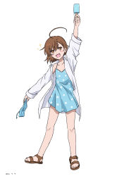 Rule 34 | 1girl, 2022, 20s, absurdres, ahoge, arm up, bare legs, bare shoulders, barefoot, blue dress, brown eyes, brown footwear, brown hair, child, clone, collarbone, dated, dress, female focus, flat chest, food, full body, highres, holding, holding food, last order (toaru majutsu no index), looking at viewer, matching hair/eyes, open clothes, open mouth, open shirt, polka dot, polka dot dress, popsicle, sandals, shirt, short hair, simple background, smile, solo, sparkle, standing, takatisakana, toaru majutsu no index, toes, white background, white shirt