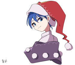 Rule 34 | 1girl, :3, blue eyes, blue hair, capelet, closed mouth, cropped shoulders, dated, doremy sweet, from side, hat, head tilt, highres, looking at viewer, maple-xf, nightcap, pom pom (clothes), portrait, red hat, short hair, simple background, smile, solo, touhou, white background