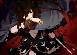 Rule 34 | 1boy, abs, arm up, arm wrap, artist name, brown eyes, brown hair, cloak, commentary request, copyright name, dororo (tezuka), hair between eyes, heterochromia, hyakkimaru (dororo), long hair, male focus, march ab, prosthetic weapon, red background, red eyes, solo, sword, upper body, weapon