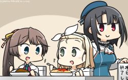 Rule 34 | +++, 3girls, :d, adapted costume, apron, beret, black hair, blonde hair, blue apron, blue eyes, blue hat, blush, brown eyes, brown hair, collarbone, commentary request, curry, dated, food, hairband, hamu koutarou, hat, highres, holding, holding spoon, i-504 (kancolle), kantai collection, kazagumo (kancolle), long hair, luigi torelli (kancolle), multiple girls, open mouth, pasta, ponytail, red eyes, short hair, smile, spoon, takao (kancolle), white hairband