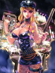 Rule 34 | 1girl, bad id, bad pixiv id, belt, blonde hair, blue nails, bracelet, breasts, building, bullet, car, cartridge, chain, city, cleavage, collar, cowboy shot, crowd, cuffs, eyelashes, faceless, furyou michi ~gang road~, handcuffs, hat, holding, jewelry, lace, lace legwear, lamp, large breasts, lens flare, long hair, looking at viewer, milin (orange maru), motor vehicle, multiple boys, nail polish, night, night sky, outdoors, pantyhose, parted lips, photo background, police, police uniform, policewoman, purple eyes, road, skull, sky, sleeveless, solo focus, spiked collar, spikes, street, thigh strap, uniform, unitard, vehicle