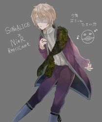 Rule 34 | 1boy, :o, akitama2727, blindfold, blonde hair, boots, coat, crossover, emil (nier), grey background, hair between eyes, hand on own chest, highres, long sleeves, nier, nier (series), open mouth, outstretched arm, pants, purple coat, purple pants, short hair, simple background, sinoalice, solo, white blindfold, white footwear
