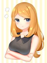 Rule 34 | 1girl, arms under breasts, blue eyes, blush, breasts, brown hair, creatures (company), crossed arms, game freak, large breasts, long hair, nintendo, pokemon, pokemon xy, pout, serena (pokemon), solo, takahara