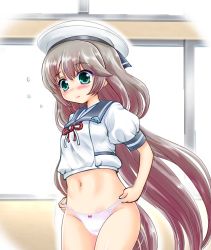 Rule 34 | blue sailor collar, cameltoe, commentary request, cowboy shot, flying sweatdrops, green eyes, grey hair, hat, kantai collection, long hair, low twintails, mikura (kancolle), panties, puffy short sleeves, puffy sleeves, sailor collar, sailor hat, sailor shirt, shirt, short sleeves, solo, tachibana hiroki, twintails, undershirt, underwear, white hat, white panties, white shirt, window
