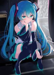 Rule 34 | 1girl, akamoku, amplifier, aqua eyes, aqua hair, audience, backstage, bare shoulders, black skirt, black sleeves, black thighhighs, boots, cheek rest, concert, curtains, detached sleeves, frilled shirt, frills, frown, full body, glowstick, grey shirt, hair ornament, hand on own cheek, hand on own face, hatsune miku, highres, long hair, looking at viewer, miniskirt, pleated skirt, pout, shirt, sitting, skirt, sleeveless, sleeveless shirt, solo, thigh boots, thighhighs, twintails, twitter username, v-shaped eyebrows, very long hair, vocaloid, zettai ryouiki