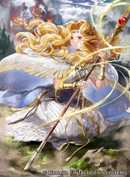 Rule 34 | 1girl, blonde hair, cape, copyright name, dress, edain (fire emblem), fire emblem, fire emblem: genealogy of the holy war, fire emblem cipher, holding, jewelry, kneeling, long hair, looking away, mayo (becky2006), nintendo, solo, staff, yellow eyes