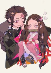 Rule 34 | 1boy, 1girl, absurdres, backpack, bag, bamboo, bit gag, brother and sister, brown hair, brown nails, carrying, carrying person, chinese commentary, commentary request, dated, earrings, gag, hair ribbon, haori, highres, japanese clothes, jewelry, kamado nezuko, kamado tanjirou, kimetsu no yaiba, kimono, long hair, nail polish, obi, one eye closed, parted lips, pink eyes, pink kimono, pink nails, pink ribbon, princess carry, purple eyes, ribbon, sash, scar, scar on face, scar on forehead, siblings, slippers, smile, solo, taowu (20809), white background