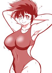 Rule 34 | arms up, breasts, ichigeki haruka, large breasts, mature female, one-piece swimsuit, short hair, swimsuit, thick thighs, thighs, wet, wet clothes, wet swimsuit