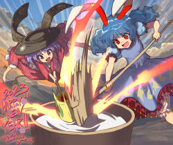 Rule 34 | 2girls, animal ears, barefoot, bloomers, blue hair, blue skirt, blue sky, chinese zodiac, cloud, crescent, dated, emphasis lines, food, japanese clothes, jumping, kimono, kine, long sleeves, mallet, medium hair, miracle mallet, mochi, mochitsuki, motion blur, multiple girls, new year, outdoors, puffy short sleeves, puffy sleeves, purple hair, rabbit ears, red eyes, saucer, seiran (touhou), short hair, short sleeves, sign, skirt, skirt set, sky, star (symbol), sukuna shinmyoumaru, syope, touhou, translation request, underwear, wide sleeves, year of the rabbit